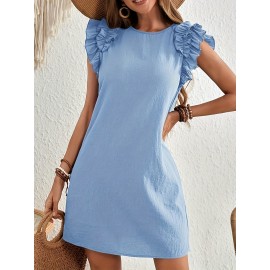 Vestido Mini A-Line com Babado de Cor Sólida para Mulheres