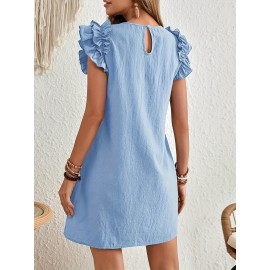 Vestido Mini A-Line com Babado de Cor Sólida para Mulheres