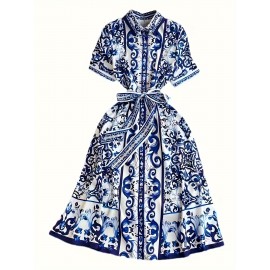 Vestido midi floral azul e branco elegante para mulheres - Manga curta, botões, cintura franzida, saia em linha A fluída, perfeito para férias de verão ou saídas casuais, vestido floral