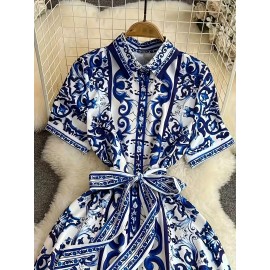 Vestido midi floral azul e branco elegante para mulheres - Manga curta, botões, cintura franzida, saia em linha A fluída, perfeito para férias de verão ou saídas casuais, vestido floral