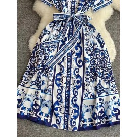 Vestido midi floral azul e branco elegante para mulheres - Manga curta, botões, cintura franzida, saia em linha A fluída, perfeito para férias de verão ou saídas casuais, vestido floral