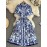 Vestido midi floral azul e branco elegante para mulheres - Manga curta, botões, cintura franzida, saia em linha A fluída, perfeito para férias de verão ou saídas casuais, vestido floral