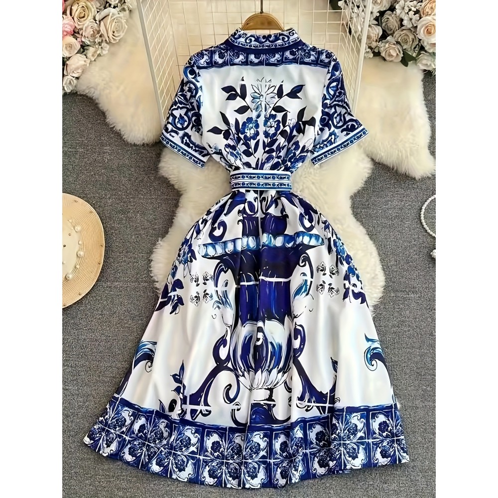 Vestido midi floral azul e branco elegante para mulheres - Manga curta, botões, cintura franzida, saia em linha A fluída, perfeito para férias de verão ou saídas casuais, vestido floral