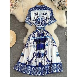 Vestido midi floral azul e branco elegante para mulheres - Manga curta, botões, cintura franzida, saia em linha A fluída, perfeito para férias de verão ou saídas casuais, vestido floral