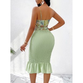Vestido midi elegante para mulher com estampado tropical, decote em V sem mangas e bainha com folhos - Cor rosa chique com detalhe de cintura com laço, poliéster, lavável à máquina