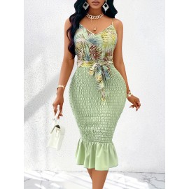 Vestido midi elegante para mulher com estampado tropical, decote em V sem mangas e bainha com folhos - Cor rosa chique com detalhe de cintura com laço, poliéster, lavável à máquina