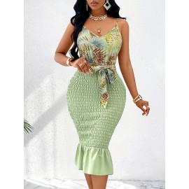 Vestido midi elegante para mulher com estampado tropical, decote em V sem mangas e bainha com folhos - Cor rosa chique com detalhe de cintura com laço, poliéster, lavável à máquina