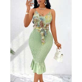 Vestido midi elegante para mulher com estampado tropical, decote em V sem mangas e bainha com folhos - Cor rosa chique com detalhe de cintura com laço, poliéster, lavável à máquina