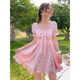 Vestido elegante com decote quadrado, mangas bolinhas e detalhe de laço grande - Estilo kimono floral de renda, bainha franzida, perfeito para primavera/verão/outono, vestidos fofos