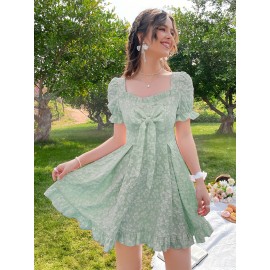Vestido elegante com decote quadrado, mangas bolinhas e detalhe de laço grande - Estilo kimono floral de renda, bainha franzida, perfeito para primavera/verão/outono, vestidos fofos