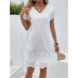1 peça de vestido feminino com decote em V, bordado em poliéster, estilo de férias, cor sólida, vestido midi em linha A com detalhes em renda, roupa casual para todas as estações