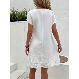 1 peça de vestido feminino com decote em V, bordado em poliéster, estilo de férias, cor sólida, vestido midi em linha A com detalhes em renda, roupa casual para todas as estações