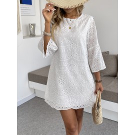 Vestido elegante de patinador para mulher com mangas de flôr vazio, poliéster 95% spandex 5%, decote redondo, cor sólida, tecido tecido, 100/110 g/m², perfeito para primavera/outono - Adulto