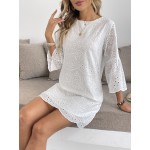 Vestido elegante de patinador para mulher com mangas de flôr vazio, poliéster 95% spandex 5%, decote redondo, cor sólida, tecido tecido, 100/110 g/m², perfeito para primavera/outono - Adulto