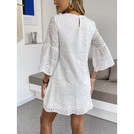Vestido elegante de patinador para mulher com mangas de flôr vazio, poliéster 95% spandex 5%, decote redondo, cor sólida, tecido tecido, 100/110 g/m², perfeito para primavera/outono - Adulto