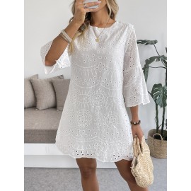 Vestido elegante de patinador para mulher com mangas de flôr vazio, poliéster 95% spandex 5%, decote redondo, cor sólida, tecido tecido, 100/110 g/m², perfeito para primavera/outono - Adulto