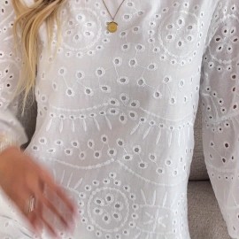 Vestido elegante de patinador para mulher com mangas de flôr vazio, poliéster 95% spandex 5%, decote redondo, cor sólida, tecido tecido, 100/110 g/m², perfeito para primavera/outono - Adulto