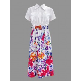 Vestido A-line com botões na frente estampado floral, vestido casual de manga curta para primavera e verão, roupas femininas