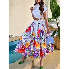 Vestido A-line com botões na frente estampado floral, vestido casual de manga curta para primavera e verão, roupas femininas
