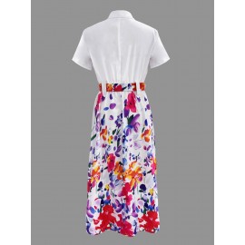 Vestido A-line com botões na frente estampado floral, vestido casual de manga curta para primavera e verão, roupas femininas