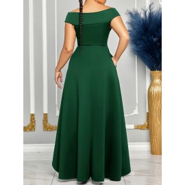 Vestido midi elegante com decote profundo e ombros descobertos para mulheres - Cintura de um ombro, verde vibrante, perfeito para festas e eventos de moda