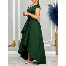 Vestido midi elegante com decote profundo e ombros descobertos para mulheres - Cintura de um ombro, verde vibrante, perfeito para festas e eventos de moda