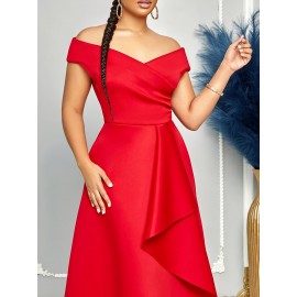 Vestido midi elegante com decote profundo e ombros descobertos para mulheres - Cintura de um ombro, verde vibrante, perfeito para festas e eventos de moda