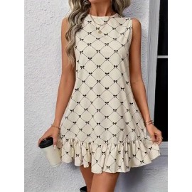 Vestido de Praia de Verão sem Mangas para Mulheres com Gola Redonda e Laço Impressão Xadrez Doce Vestido Casual Solto e Confortável