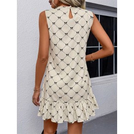 Vestido de Praia de Verão sem Mangas para Mulheres com Gola Redonda e Laço Impressão Xadrez Doce Vestido Casual Solto e Confortável