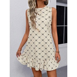 Vestido de Praia de Verão sem Mangas para Mulheres com Gola Redonda e Laço Impressão Xadrez Doce Vestido Casual Solto e Confortável