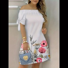 Vestido ombro a ombro estampado floral, elegante vestido com mangas curtas e detalhe elástico para a primavera e verão, roupas femininas