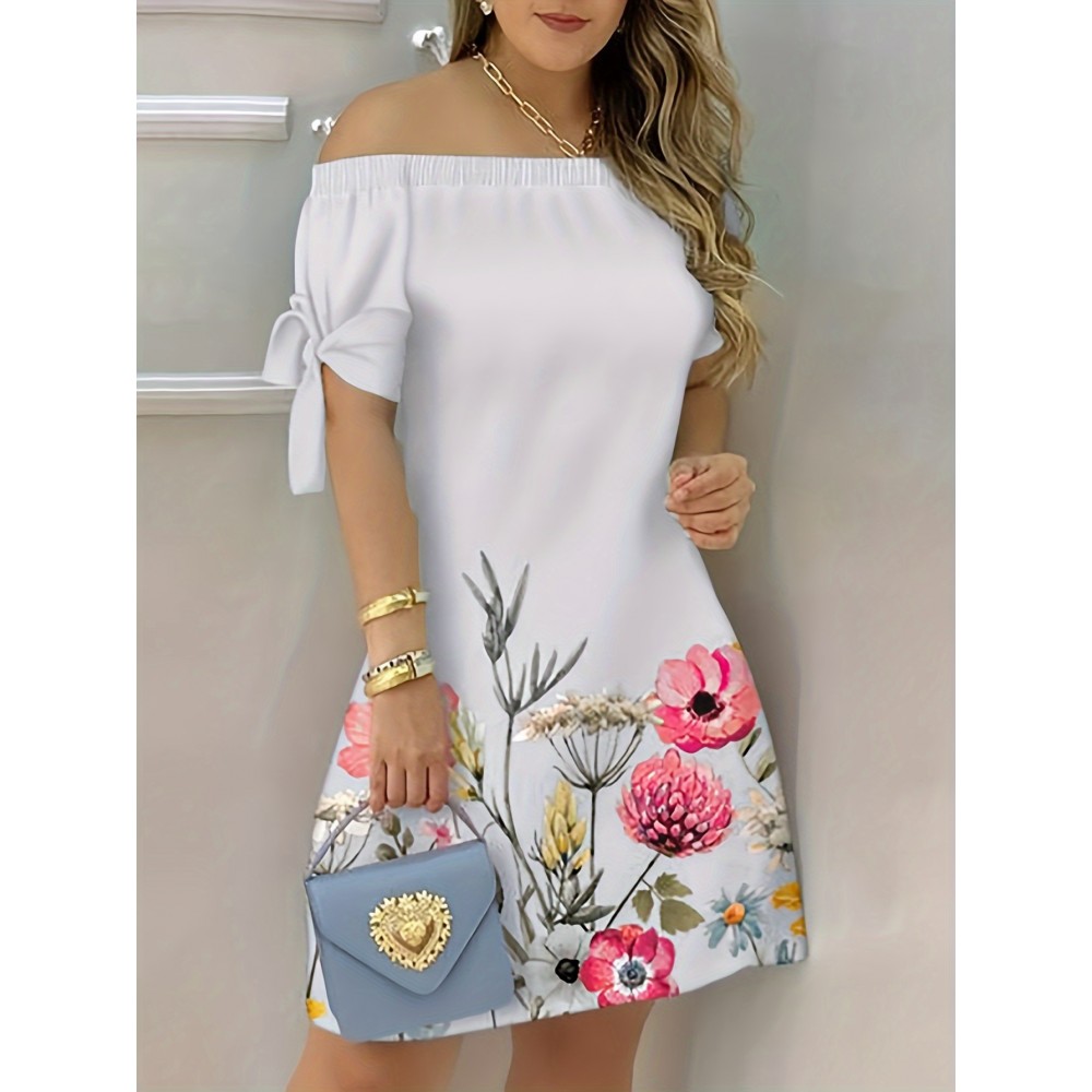 Vestido ombro a ombro estampado floral, elegante vestido com mangas curtas e detalhe elástico para a primavera e verão, roupas femininas
