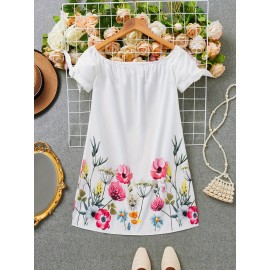 Vestido ombro a ombro estampado floral, elegante vestido com mangas curtas e detalhe elástico para a primavera e verão, roupas femininas