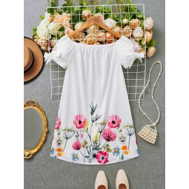 Vestido ombro a ombro estampado floral, elegante vestido com mangas curtas e detalhe elástico para a primavera e verão, roupas femininas