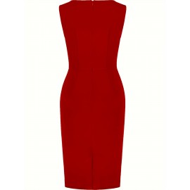 1pc Vestido Lápis Elegante de Poliéster Cor Lisa para Mulheres - Gola Redonda, Tecido de Malha, Versátil para Todas as Estações