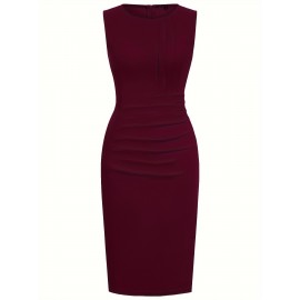 1pc Vestido Lápis Elegante de Poliéster Cor Lisa para Mulheres - Gola Redonda, Tecido de Malha, Versátil para Todas as Estações