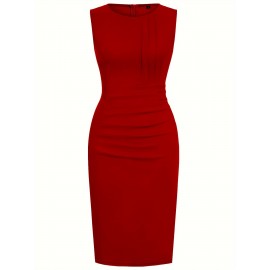 1pc Vestido Lápis Elegante de Poliéster Cor Lisa para Mulheres - Gola Redonda, Tecido de Malha, Versátil para Todas as Estações