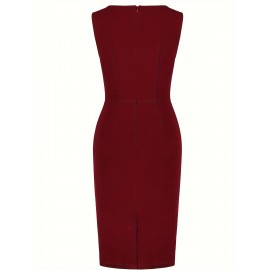1pc Vestido Lápis Elegante de Poliéster Cor Lisa para Mulheres - Gola Redonda, Tecido de Malha, Versátil para Todas as Estações