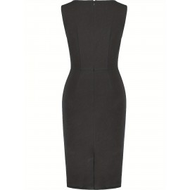 1pc Vestido Lápis Elegante de Poliéster Cor Lisa para Mulheres - Gola Redonda, Tecido de Malha, Versátil para Todas as Estações