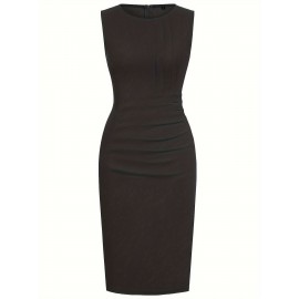 1pc Vestido Lápis Elegante de Poliéster Cor Lisa para Mulheres - Gola Redonda, Tecido de Malha, Versátil para Todas as Estações