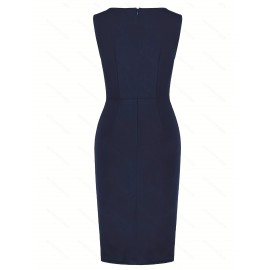 1pc Vestido Lápis Elegante de Poliéster Cor Lisa para Mulheres - Gola Redonda, Tecido de Malha, Versátil para Todas as Estações