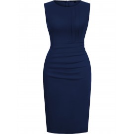 1pc Vestido Lápis Elegante de Poliéster Cor Lisa para Mulheres - Gola Redonda, Tecido de Malha, Versátil para Todas as Estações