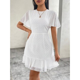 Vestido mini elegante de polka dot para mulher, em chiffon, com mangas franzidas, detalhe de fecho e design fluido para primavera/verão - Tecido de poliéster branco, perfeito para ocasiões casuais ou formais, vestidos fofos