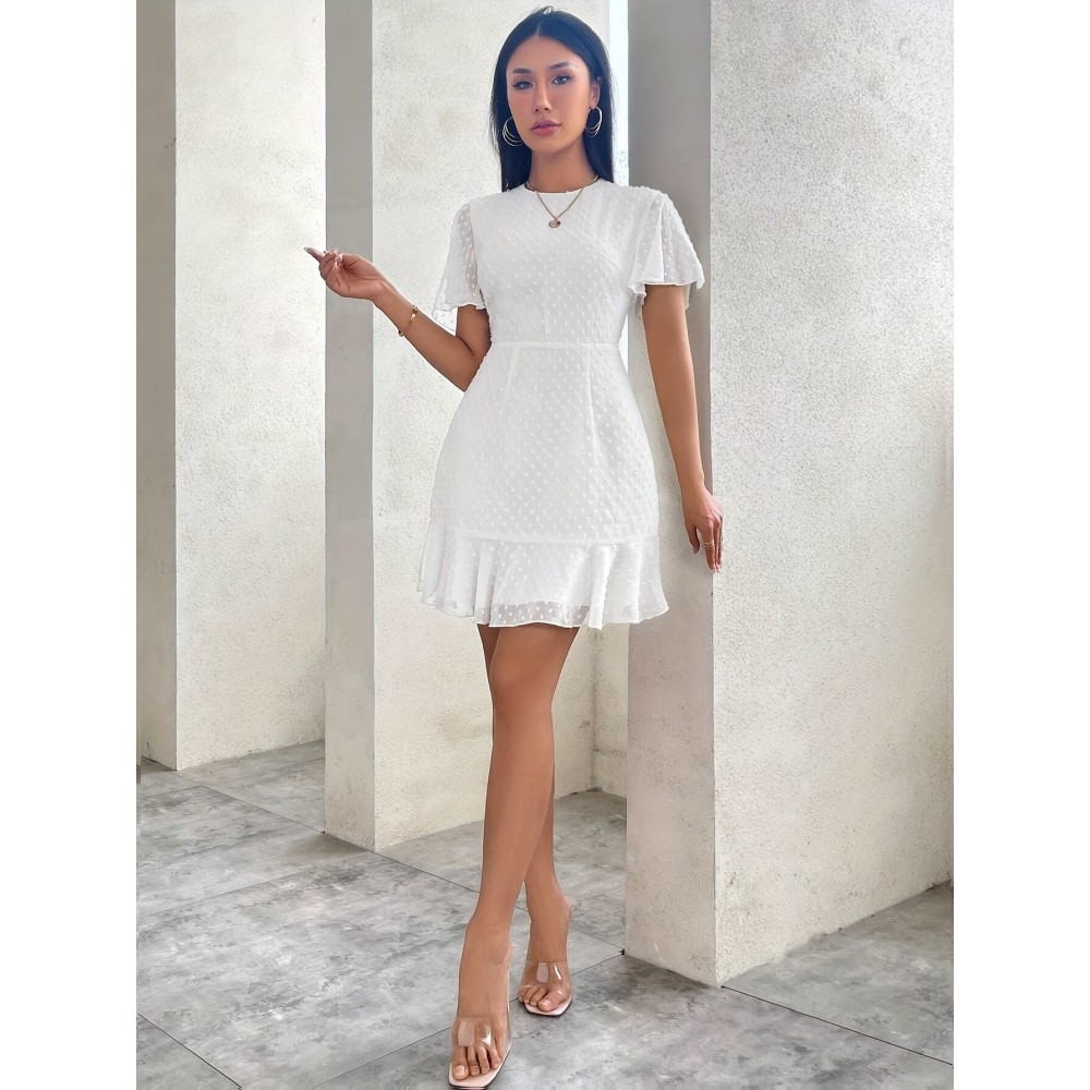 Vestido mini elegante de polka dot para mulher, em chiffon, com mangas franzidas, detalhe de fecho e design fluido para primavera/verão - Tecido de poliéster branco, perfeito para ocasiões casuais ou formais, vestidos fofos