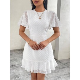 Vestido mini elegante de polka dot para mulher, em chiffon, com mangas franzidas, detalhe de fecho e design fluido para primavera/verão - Tecido de poliéster branco, perfeito para ocasiões casuais ou formais, vestidos fofos