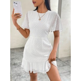 Vestido mini elegante de polka dot para mulher, em chiffon, com mangas franzidas, detalhe de fecho e design fluido para primavera/verão - Tecido de poliéster branco, perfeito para ocasiões casuais ou formais, vestidos fofos