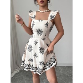 Vestido mini feminino com estampa floral e detalhe de babado - Design elegante em branco e preto, decote quadrado, perfeito para férias, casual ou deslocações, vestido mini Aline