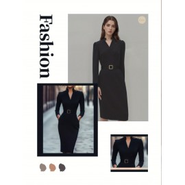 Vestido Elegante de Manga Longa para Mulheres, Vestido Slim Fit com Bolsos, Traje de Trabalho Sofisticado e Estiloso