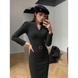 Vestido Elegante de Manga Longa para Mulheres, Vestido Slim Fit com Bolsos, Traje de Trabalho Sofisticado e Estiloso