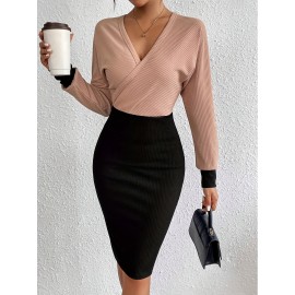 Vestido feminino elegante e moderno com decote em V e uma saia até o chão, adequado para várias ocasiões, como escritório, encontro, saídas casuais, etc.